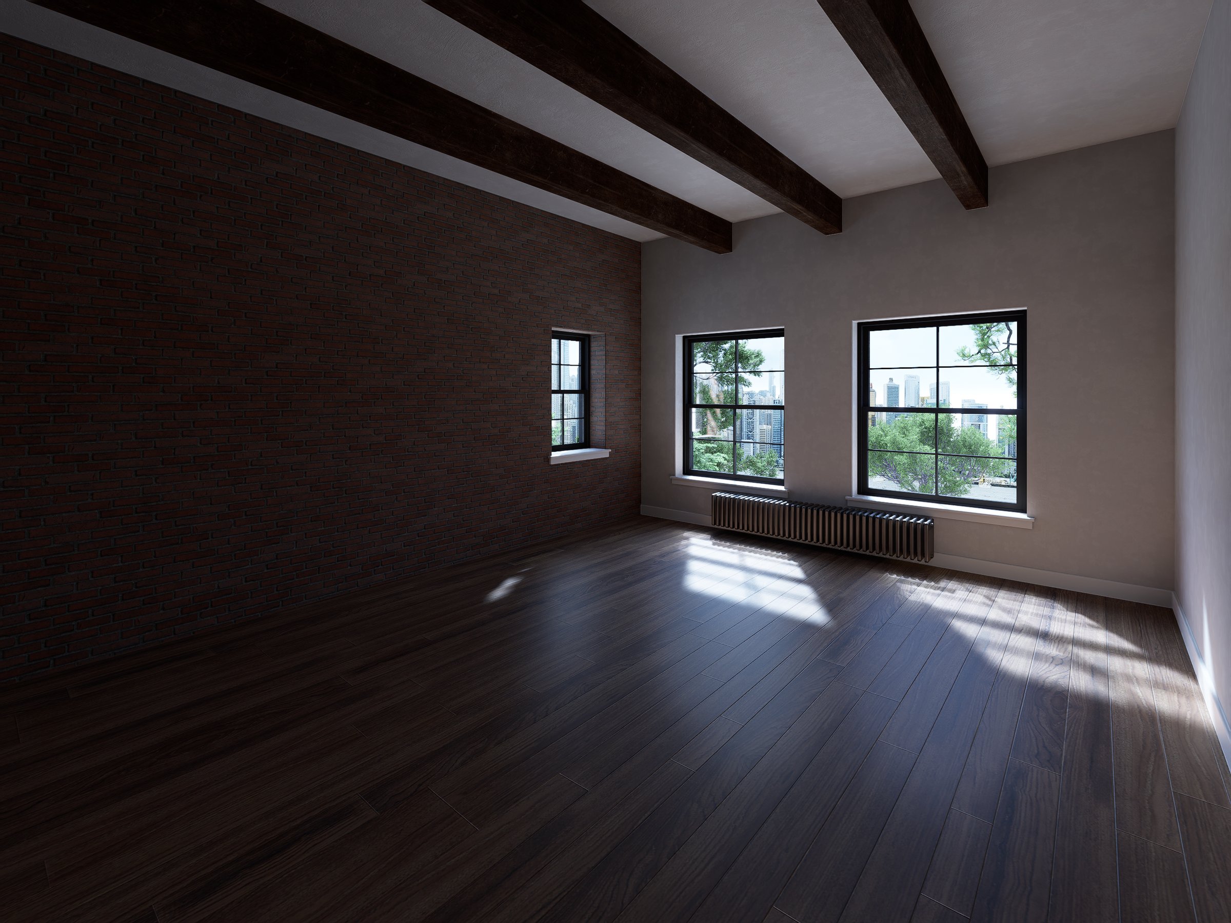The Beacon living room as found: bare floors, exposed brick, no furniture